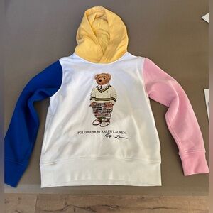 Ralph Lauren Kids' White Hoodie with Bear and Colorful Sleeves